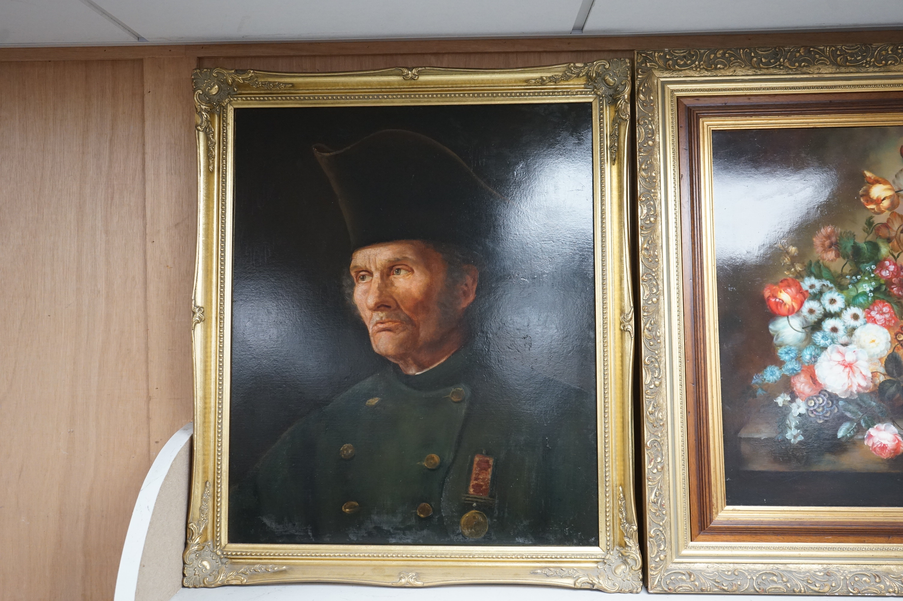 Victorian School, oil on canvas, 'The Old Soldier', unsigned, canvas re-lined, 60 x 49cm, gilt frame.